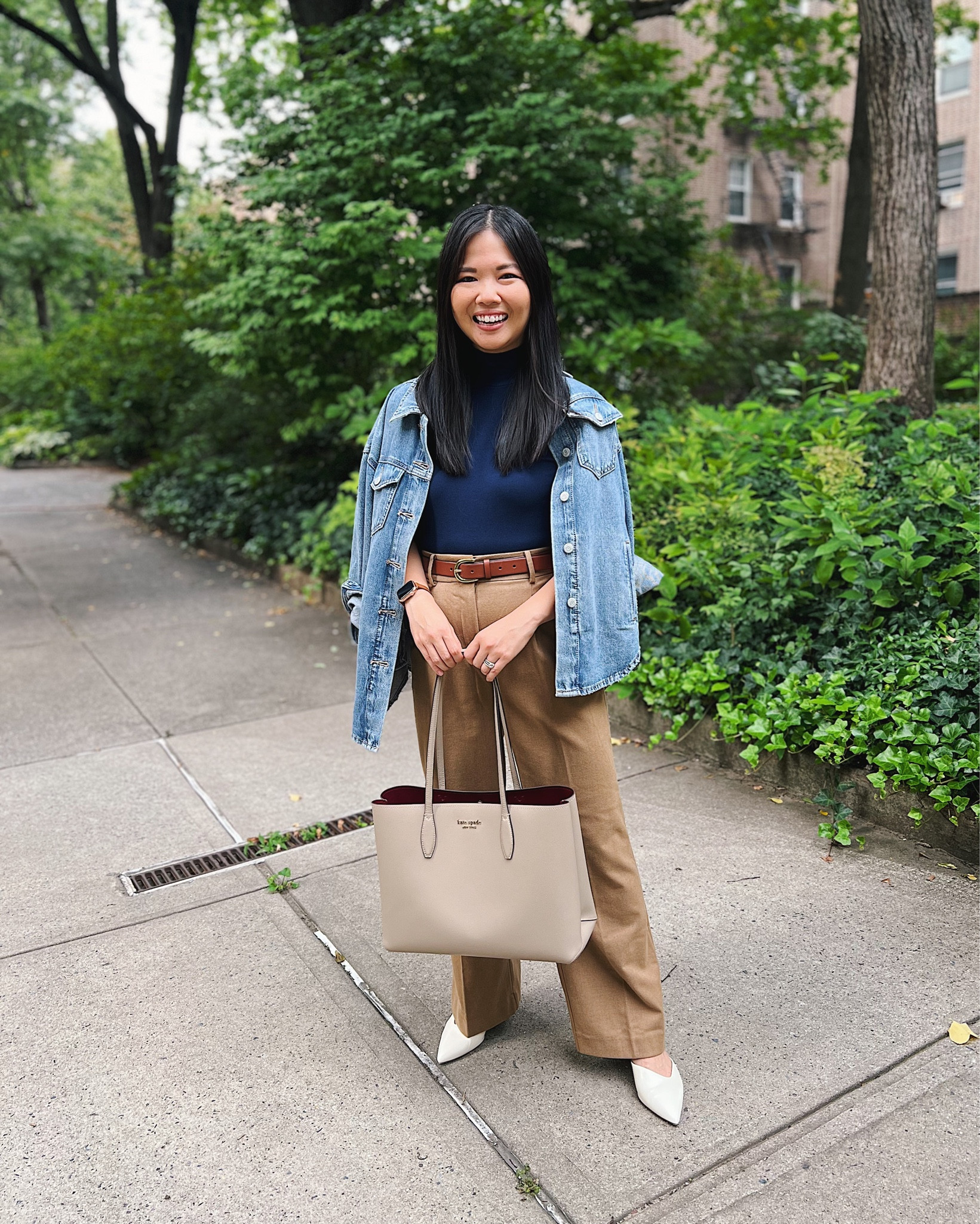 Long denim jacket (XSP)
Navy tank top (XS)
Brown belt with gold buckle (S)
Brown wide leg pants (2P)
White pumps (1/2 size up)
Taupe tote bag

Loft outfit 
Smart casual outfit 
Business casual outfit 
Teacher outfit 
Mom outfit 
Casual fall outfit 
Denim shacket
Navy mock neck top 
Brown wide leg pants 
Khaki pants 
White mule pumps

#LTKfindsunder50 #LTKstyletip #LTKworkwear