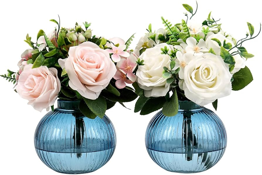 Round Glass Vases, Set of 2 Small Vases for Flowers, Blue Glass Vase for Tulips, Modern Vase for ... | Amazon (US)