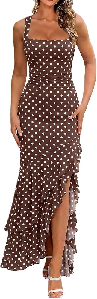 BORIFLORS Women's Bodycon Ruched Polka Dot Maxi Dress Mesh Mermaid Ruffle Beach Wedding Guest Lon... | Amazon (US)