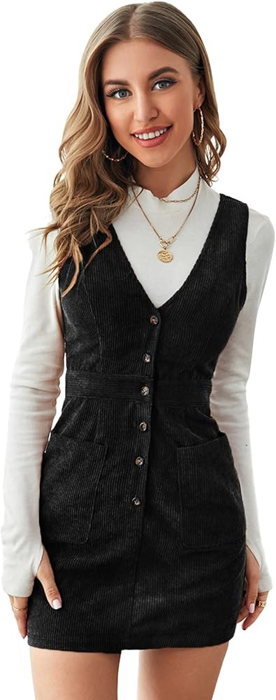 SheIn Women's V Neck Sleeveless Pocket Corduroy Button Pinafore Overall Mini Dress | Amazon (US)