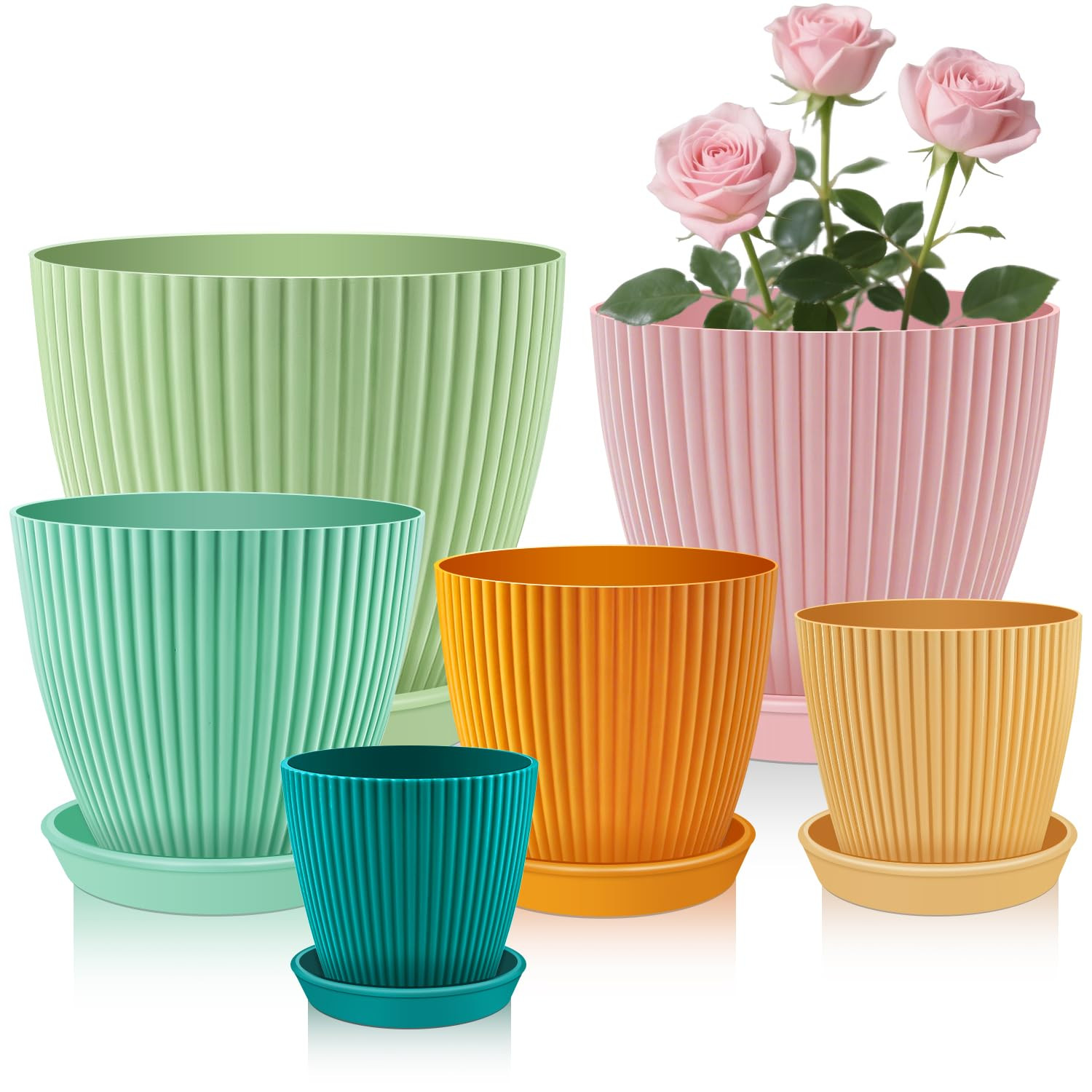 SupKing Plant Pots with Drainage Saucers 7.5/6.7/6/5/4/3.5 Inch Set of 6,Plastic Flower Pots Plan... | Amazon (US)