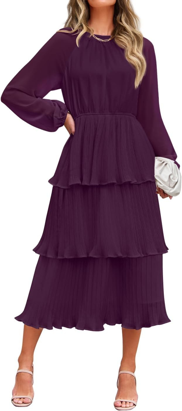 ZESICA Women's 2025 Long Sleeve Crew Neck Ruffle Tiered Layered Chiffon Flowy Swing Long Midi Dre... | Amazon (US)