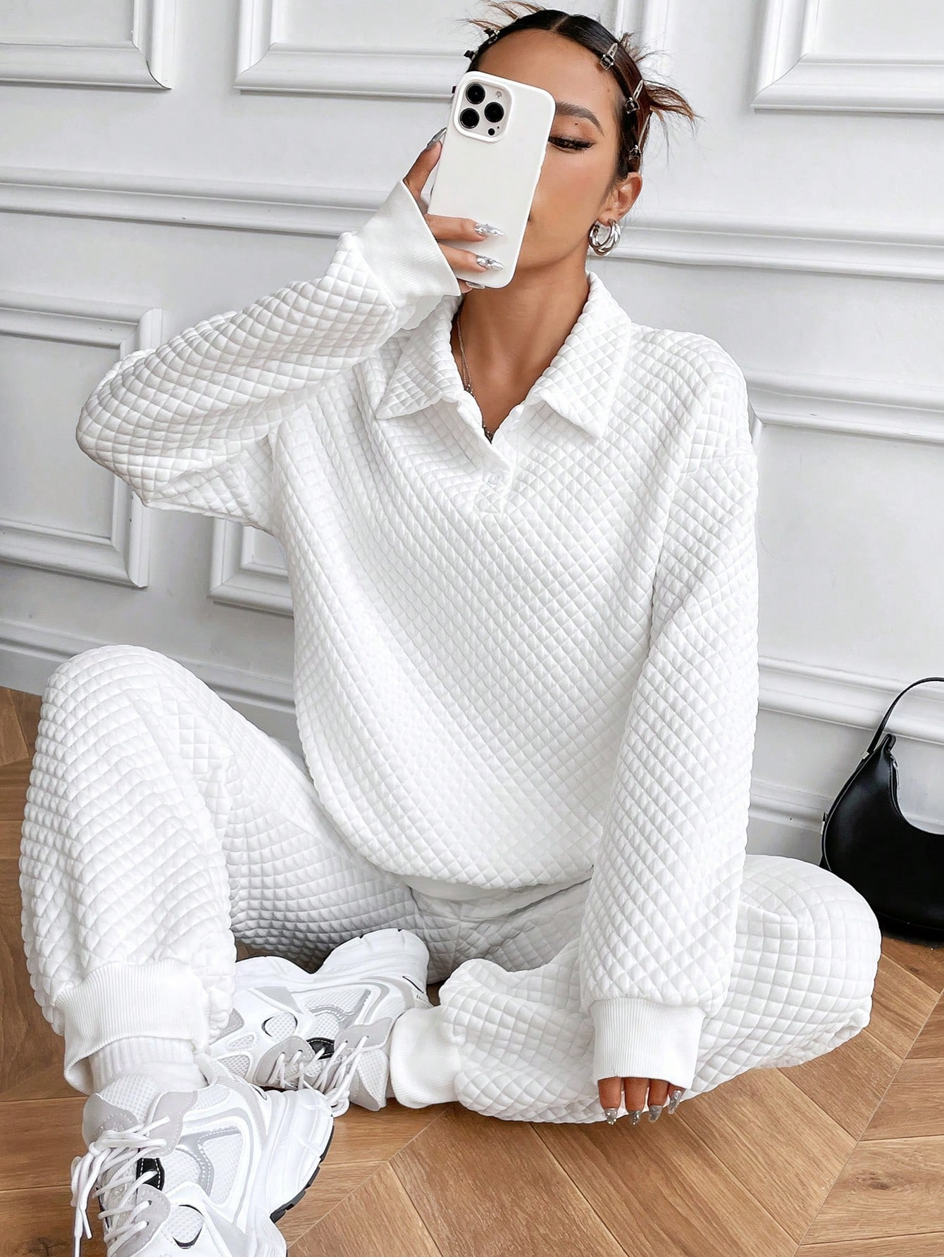 Polo Neck Drop Shoulder Sweatshirt & Sweatpants | SHEIN