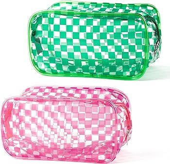 Y1tvei 2 Pieces Makeup Bag Large Checkered Cosmetic Bag Pink Capacity PVC Travel Toiletry Bag Org... | Amazon (US)