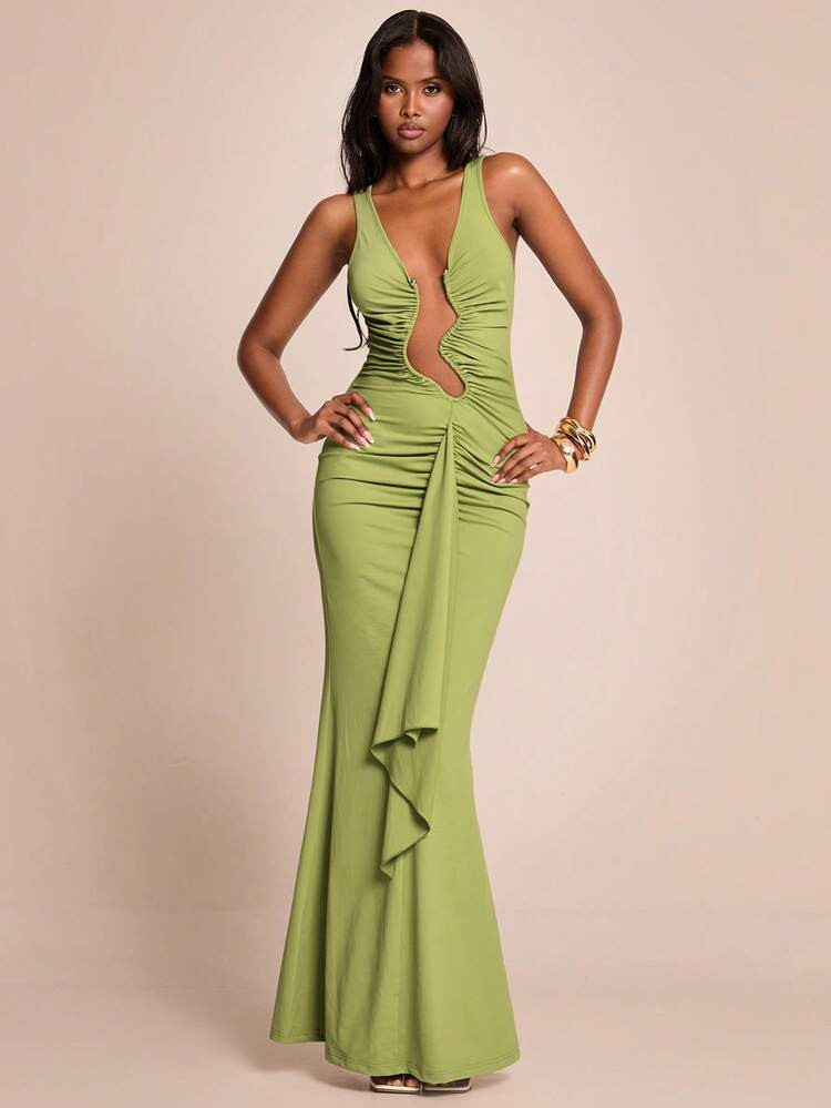 SHEIN BAE Solid Color Asymmetrical Hollow V-Neck Tight Ruched Fitted Maxi Elegant Knit Slip Dress... | SHEIN