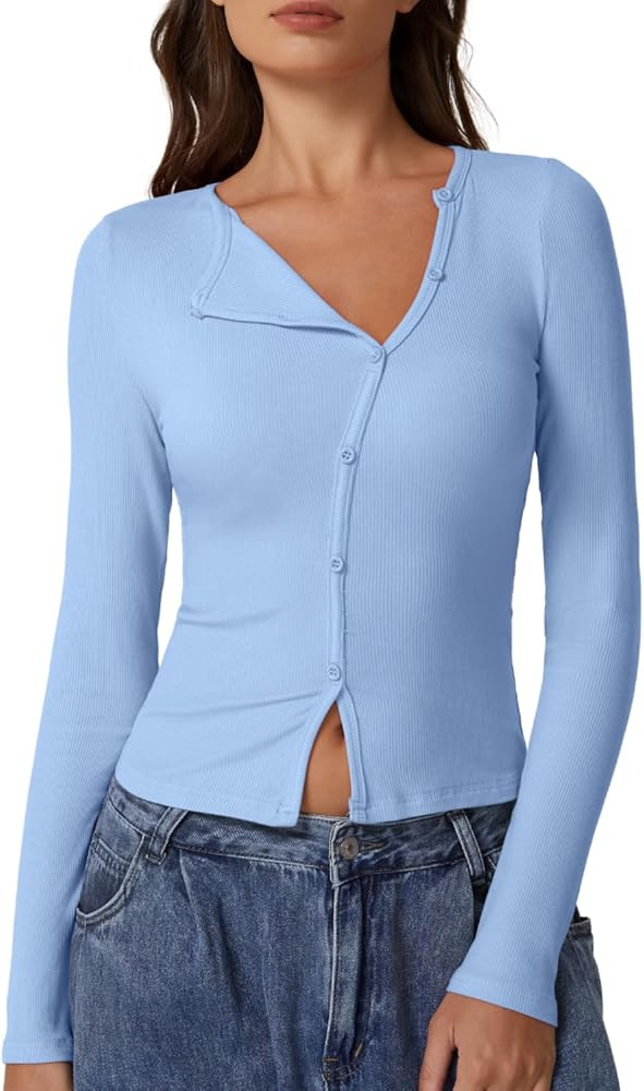 QINSEN Women's Long Sleeve Ribbed Crewneck Shirts Upper Button Fastening Going Out Tops | Amazon (US)