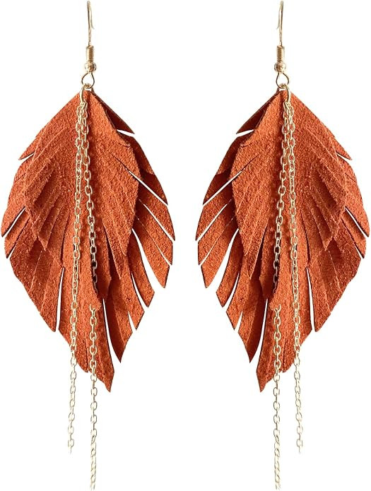 Handmade Bohemian Vintage Long Soft Genuine Leather Fringe Double Layer Feather Earrings Lightwei... | Amazon (US)