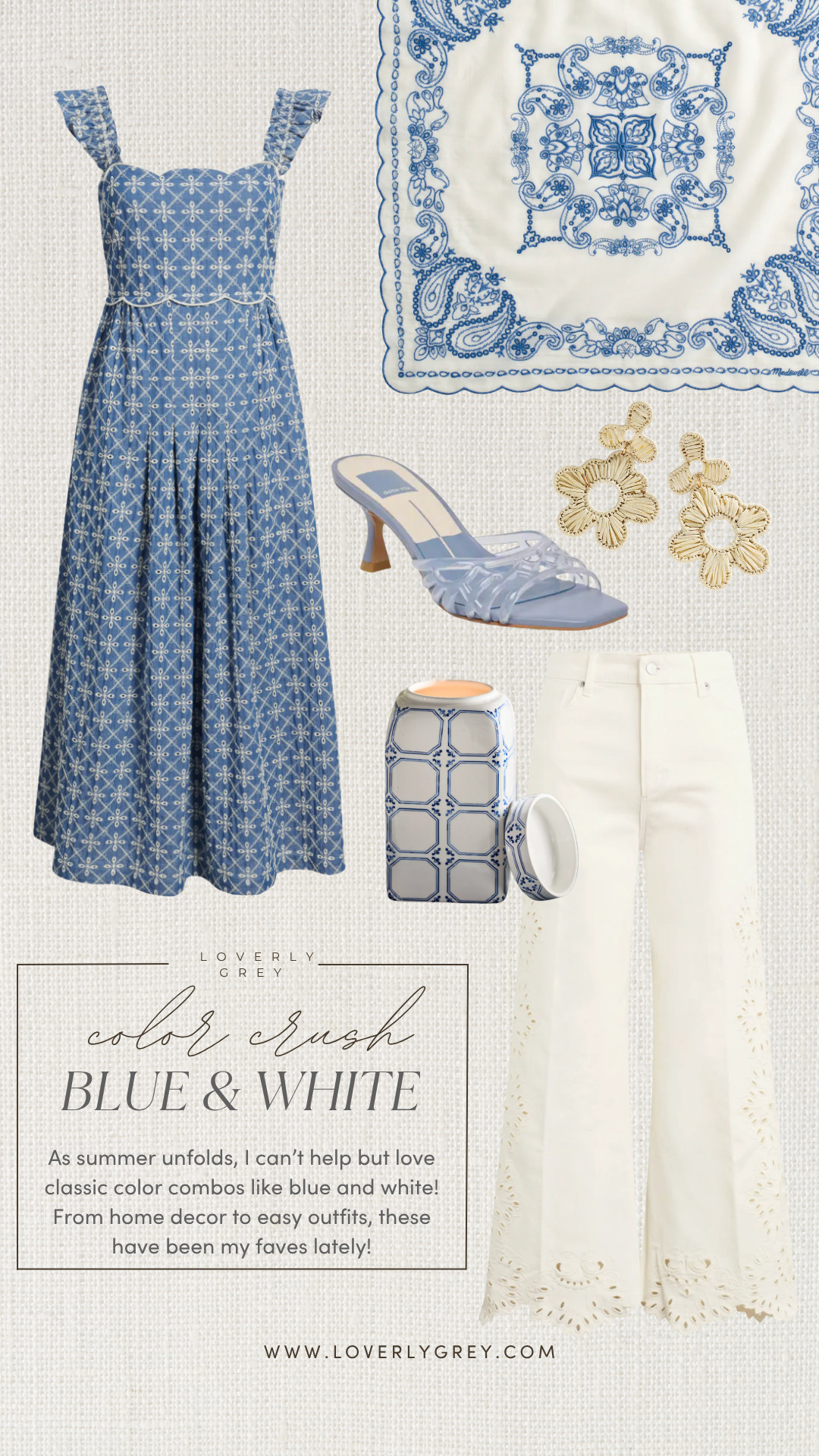 The prettiest blue and white fashion and home finds to effortlessly refresh your wardrobe and space! Grab these stunning woven heels and matching tile decor before they sell out. Loverly grey, summer style finds, blue midi dress, white wide leg pants, casual vacation outfit 

 #LTKgrwm #LTKootd #LTKSeasonal