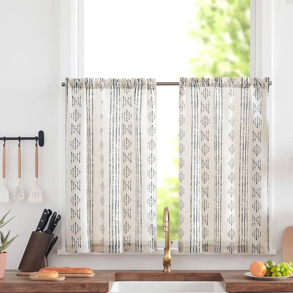 jinchan Boho Kitchen Curtains Linen Tier Curtains 36 Inch Bohemian Cafe Curtains Striped Curtains... | Amazon (US)