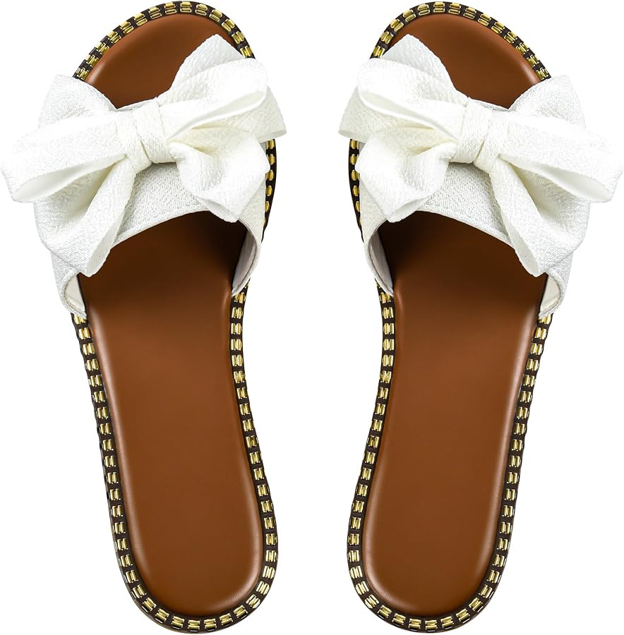 Sksshion Women's Bow Knot Slides Sandals Slip On Summer Dressy Flat     Open Toe & Slip On,Sandal... | Amazon (US)