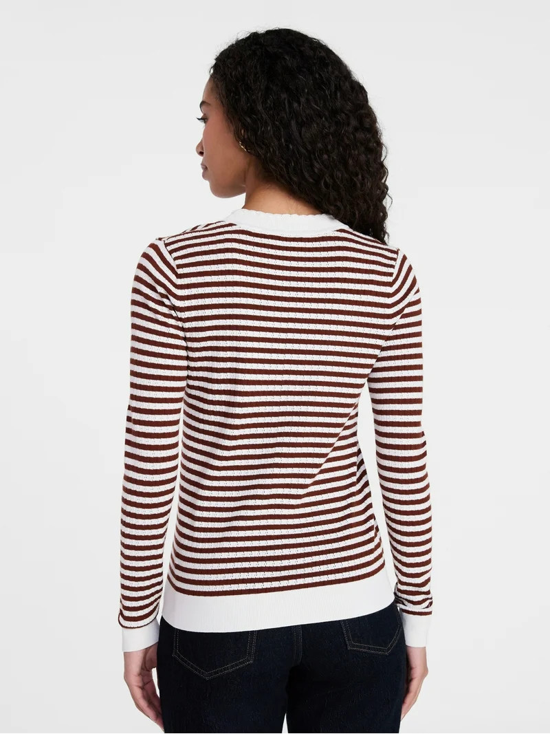 Time and Tru Women's Stripe Pointelle Rib Sweater with Long Sleeves, Lightweight, Sizes XS-XXXL | Walmart (US)