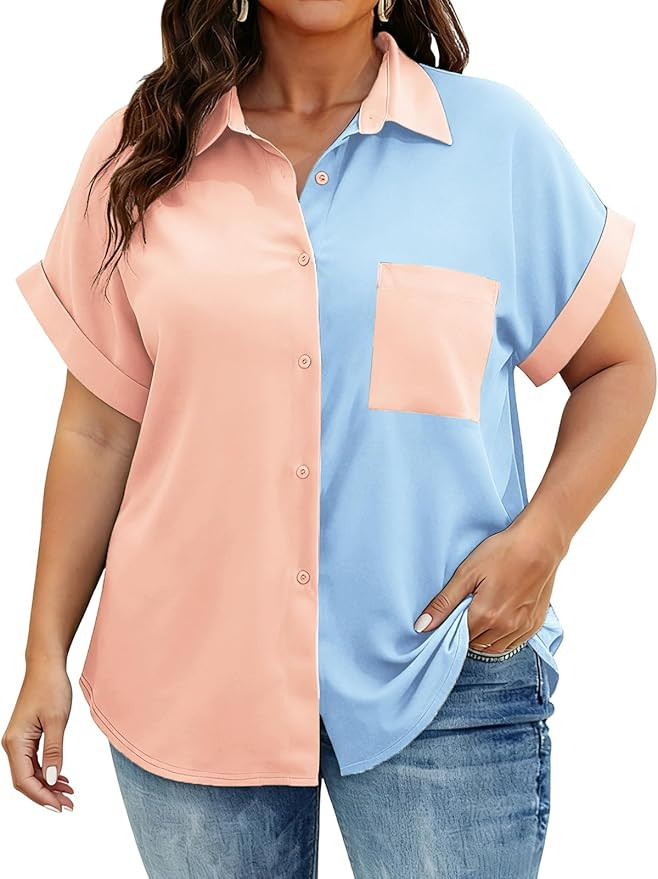 ROSRISS Plus-Size-Summer-Tops for Women Casual Short Sleeve Button Down Shirts Trendy Collared V ... | Amazon (US)