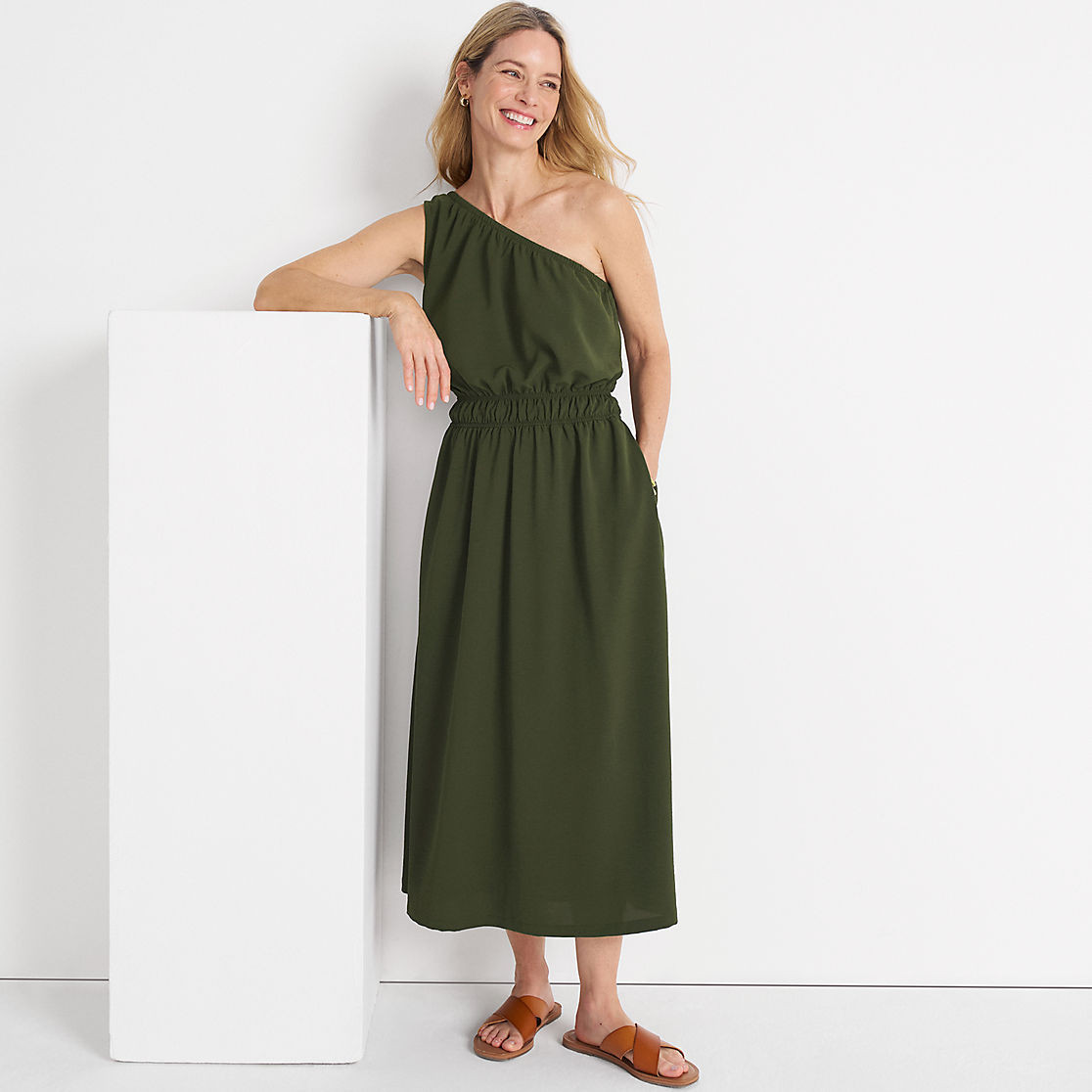 Women's Creaseless One Shoulder Midi Dress | Lands' End (US)