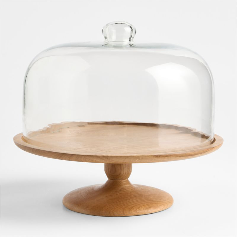 Madeira Oak Wood Cake Stand with Glass Lid | Crate & Barrel