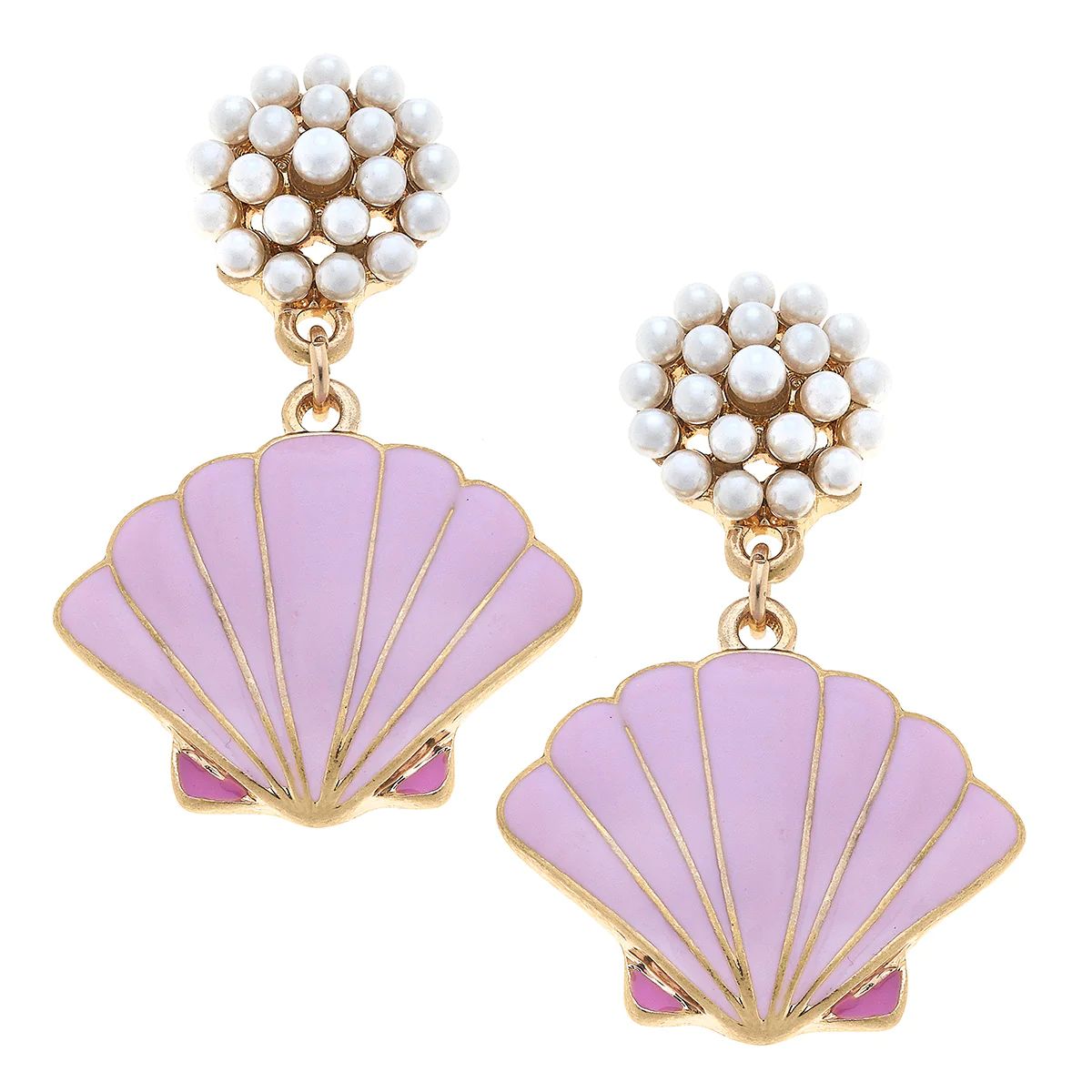 CANVAS Style x @thelovelyflamingo Enamel Scallop Shell Pearl Cluster Drop Earring in Pink | CANVAS