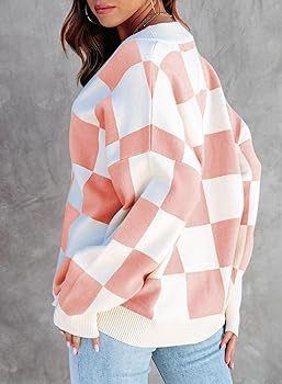 Dokotoo Womens Plaid V Neck Button Down Long Sleeve Cable Knit Oversized Cardigan Sweaters Tops | Amazon (US)