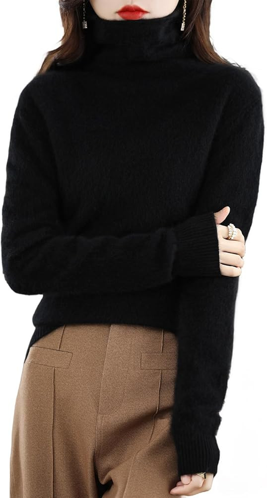 Women's 100% Mink Sweater Fall Pullover Turtleneck Long Sleeve Seamless Knit Soft Cashmere Style ... | Amazon (US)