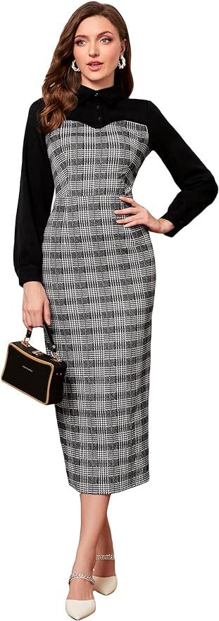 WDIRARA Women's Plaid Print Mock Neck Long Sleeve Split Hem Fitted Pencil Long Dress Black and Wh... | Amazon (US)