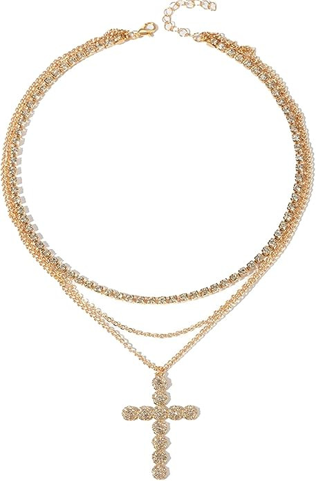 Women Cross Gold Necklaces Layered Pendant 14k Gold Plated Choker Necklaces Christian Jewelry Cha... | Amazon (US)