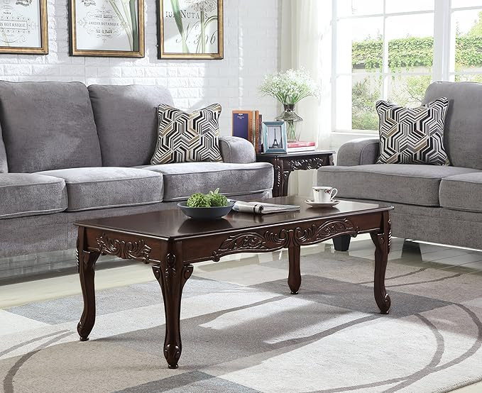 Roundhill Furniture Traditional Ornate Detailing Wood Coffee Table, Dark Cherry | Amazon (US)