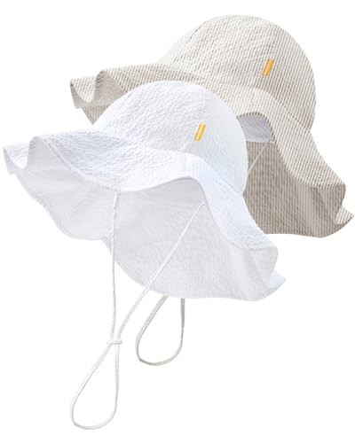 HONGTEYA Baby Sun Hat Toddler Girls Boys Infant Beach Outdoor Summer Hat Stripe Wide Brim UPF 50+ Sun Protection White/Khaki | Amazon (US)