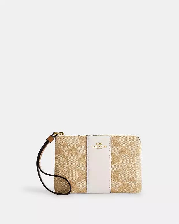 Corner Zip Wristlet In Signature Canvas With Stripe | Coach Outlet