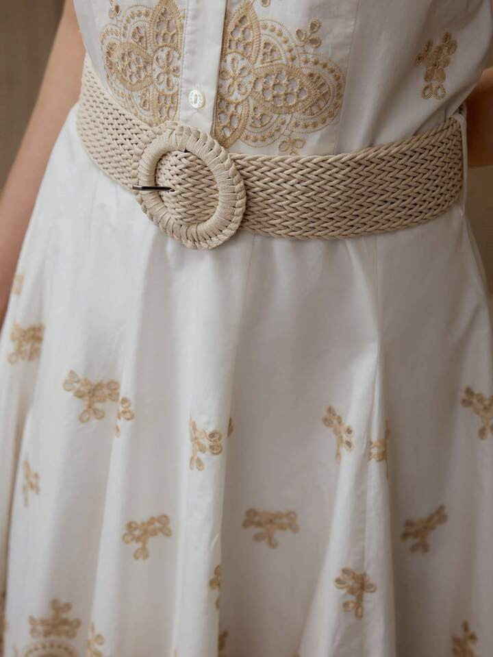 MOTF PREMIUM FLORAL EMBROIDERY BELTED DRESS | SHEIN