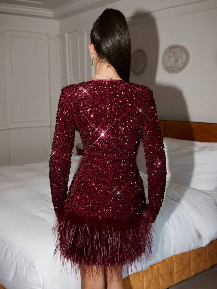 Lavishia Wine Red Sequin Patchwork Fuzzy Crew Neck Long Sleeve Christmas New Year Look Fall Winte... | SHEIN