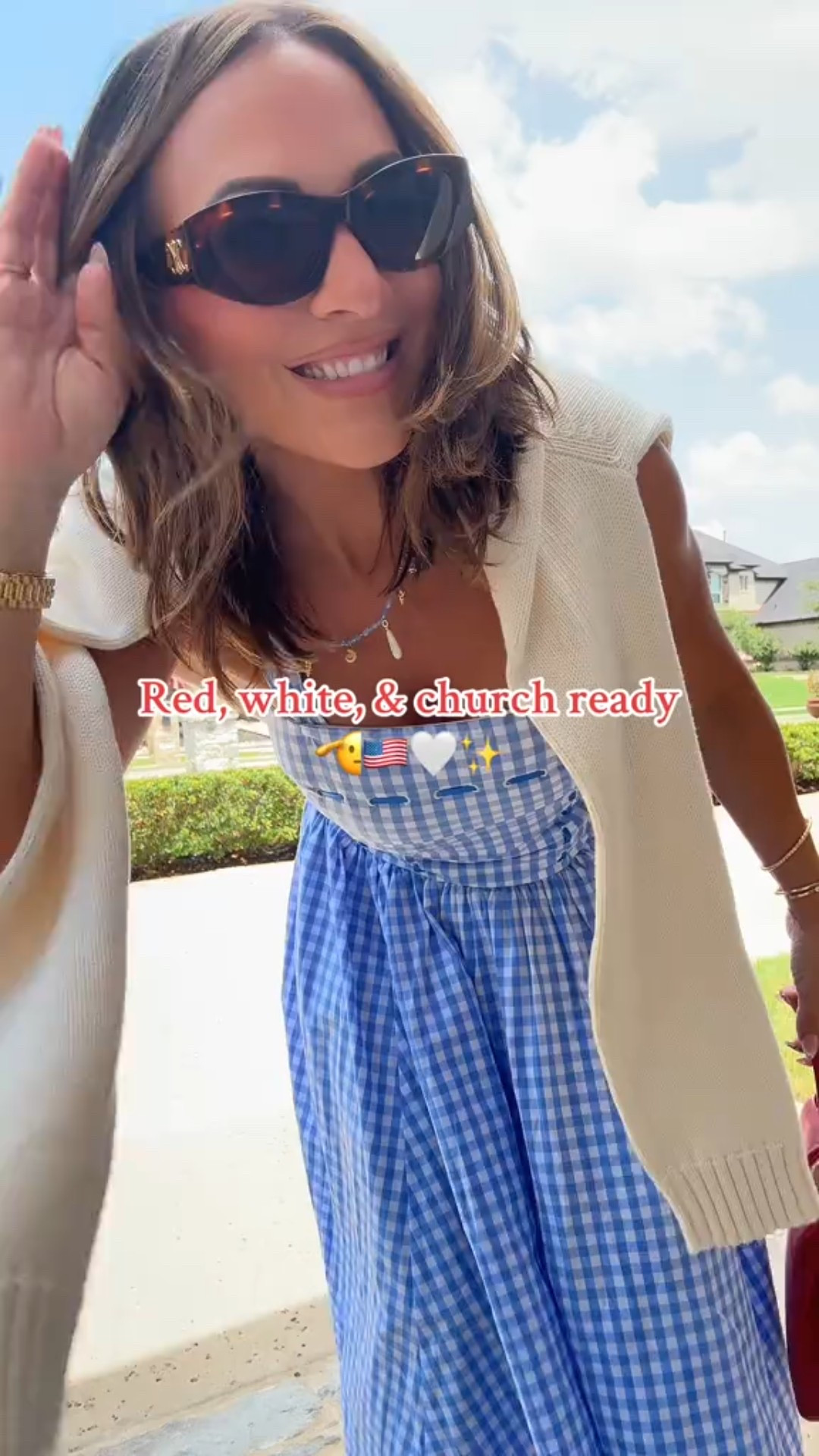 This blue + white moment with a pop of red just feels right for Memorial Day weekend.
Sweet, polished, and petite friendly—this one’s a 12/10.

5’2” | 130 lbs | 34DD | 25” waist
Wearing a small in the dress

#MemorialDayOutfit
#ChurchStyle
#PetiteFashion
#RedWhiteAndBlue
#SundayBest
#WeekendLook
#GinghamStyle
#PatrioticVibes
#SummerStyle
#OOTD