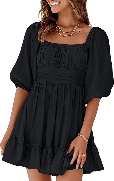 Happy Sailed Womens Summer Dress Classic Short Sleeve Square Neck Cocktail Beach Party Ruffle Swi... | Amazon (US)