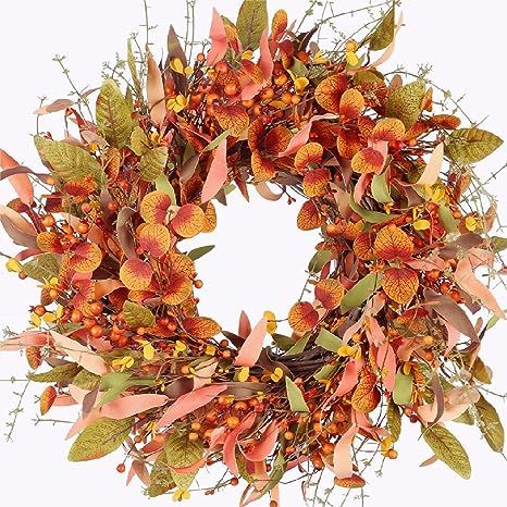Amazon.com: HO2NLE 24 Inch Fall Door Wreath Autumn Harvest Wreaths with Berries Fall Foliage Arti... | Amazon (US)
