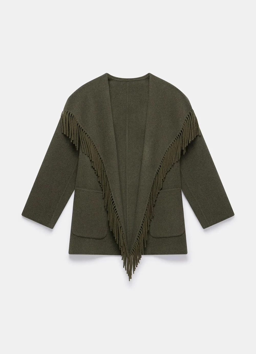 Khaki Wool Blend Hand Finished Tassel Coat | Mint Velvet