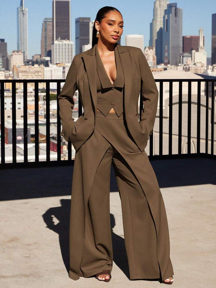 Vixey Notched Lapel Double Breasted Padded Boxy Shoulder Oversized Blazer | SHEIN