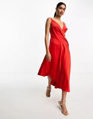 ASOS DESIGN satin cami drape midi dress with graduated hem in red | ASOS (Global)