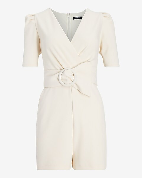 Belted Puff Sleeve V-Neck Romper | Express