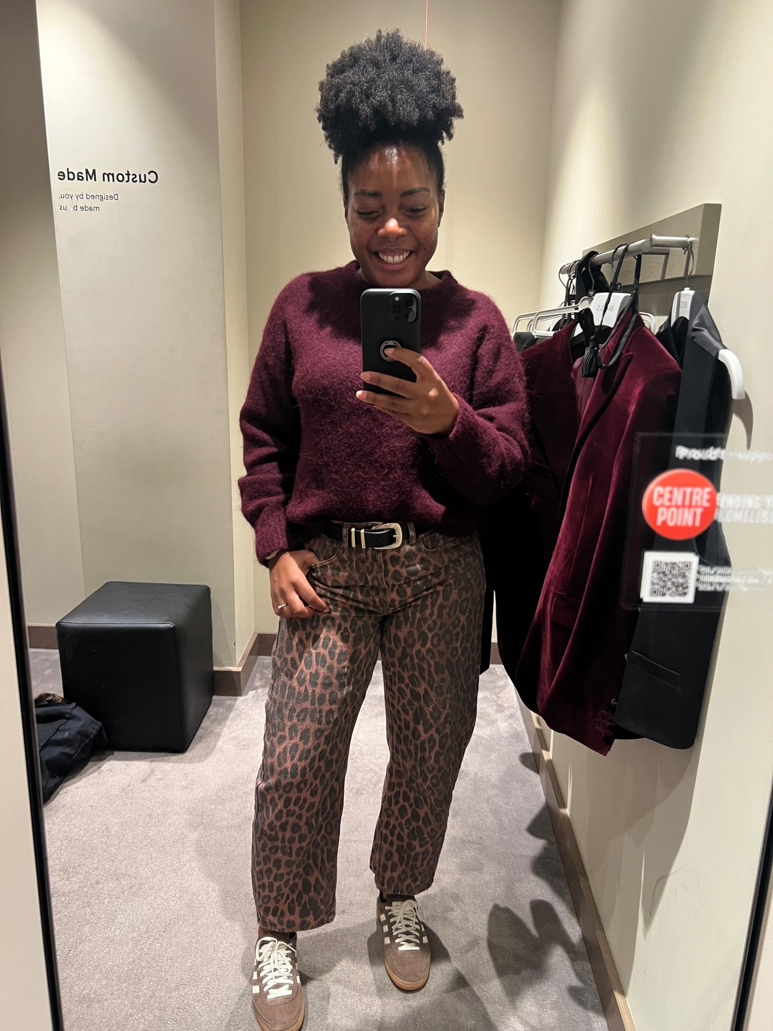 Sweater, jumper, deep red, burgundy, leopard print, barrel leg jeans, denim, spezial, trainers, autumn outfits, casual outfit, black leather beltt

#LTKjeans #LTKuk #LTKautumn