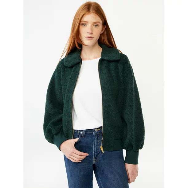 Free Assembly Women's Zip Front Teddy Bomber Jacket - Walmart.com | Walmart (US)