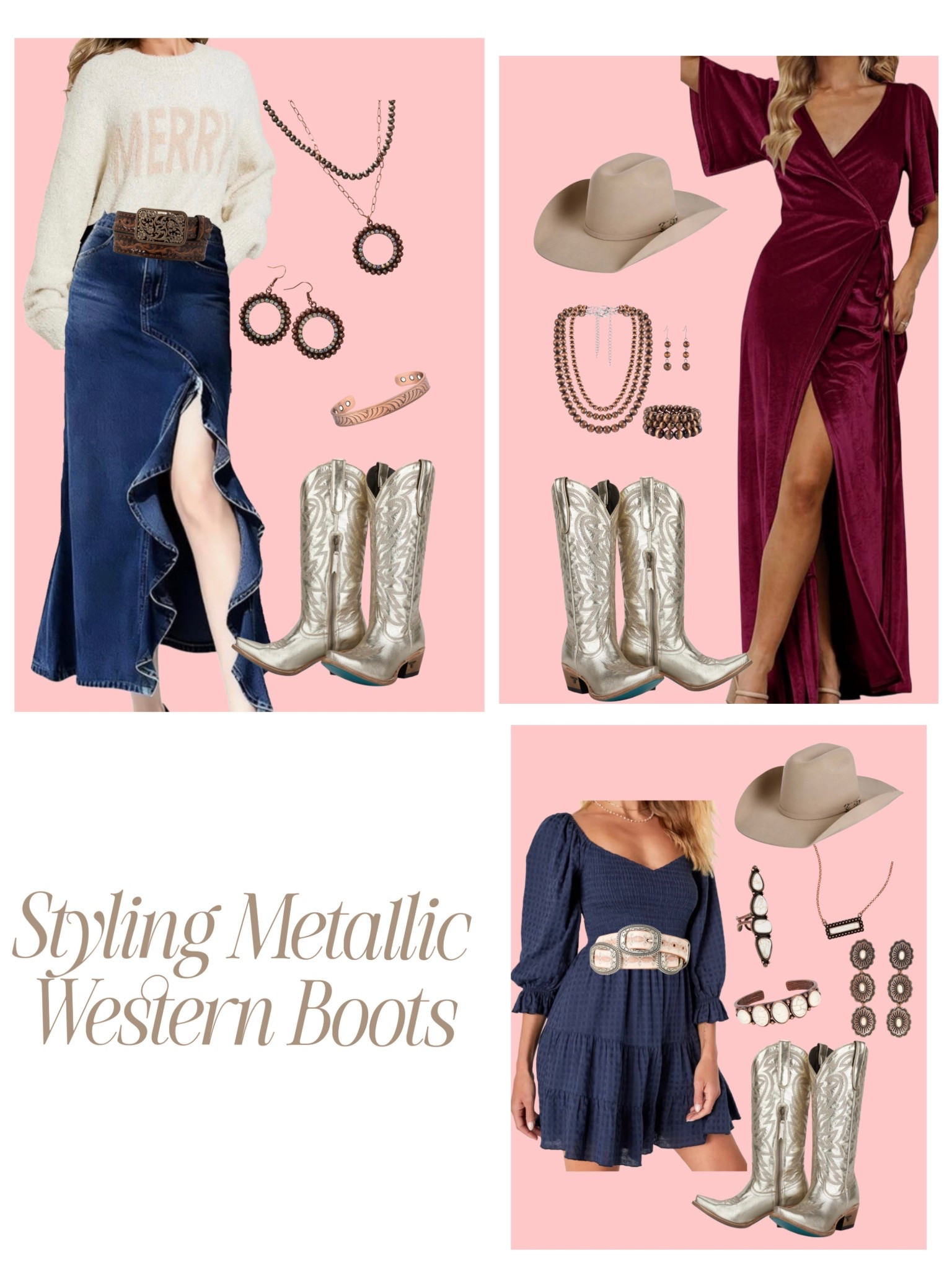 Styling champagne metallic western boots! From casual to dressy, love all of these country style holiday looks!

#LTKShoeCrush #LTKStyleTip #LTKHoliday