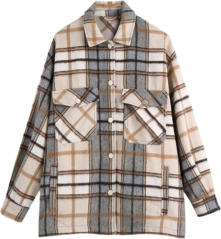 Women Check With Pockets Jacket Coat Vintage Long Sleeve Loose Female Outerwear Chic Overshirt | Amazon (US)