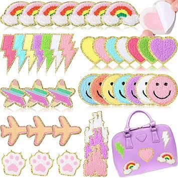 40 Pcs Self Adhesive Chenille Patches Colorful Cute Chenille Embroidered Patches Glitter Chenille... | Amazon (US)