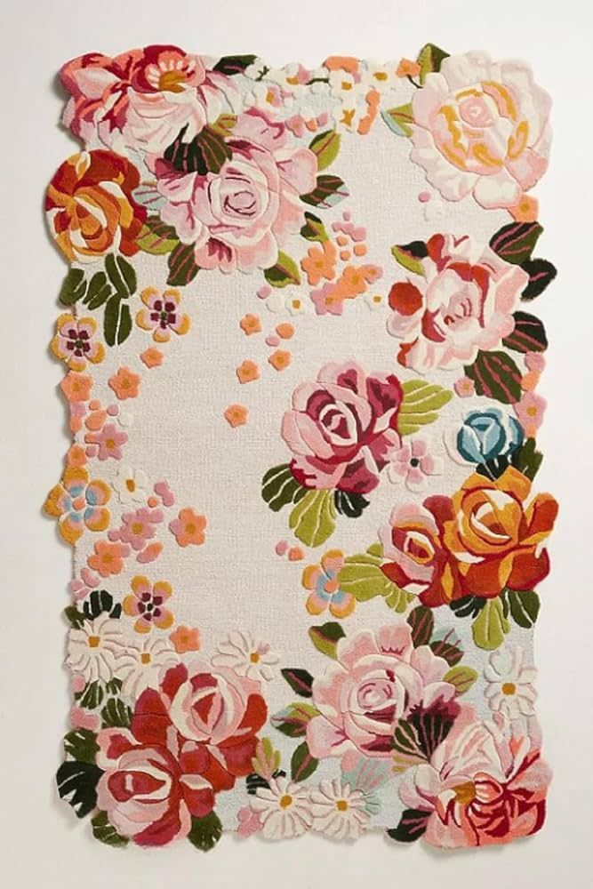 RestopuffHandmade Flower Multicoloured Irregular Area Rug 100% Imported Blended Wool Floral Area Rug (Half White, 4 x 6 feet) | Amazon (US)
