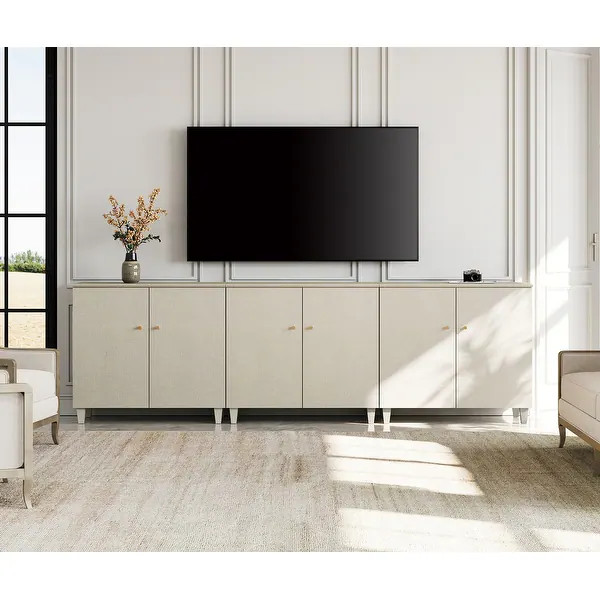 WAMPAT Modern TV Stand, Tall Entertainment Center with Doors - 106.2 Inches in Width - Beige Grey... | Bed Bath & Beyond
