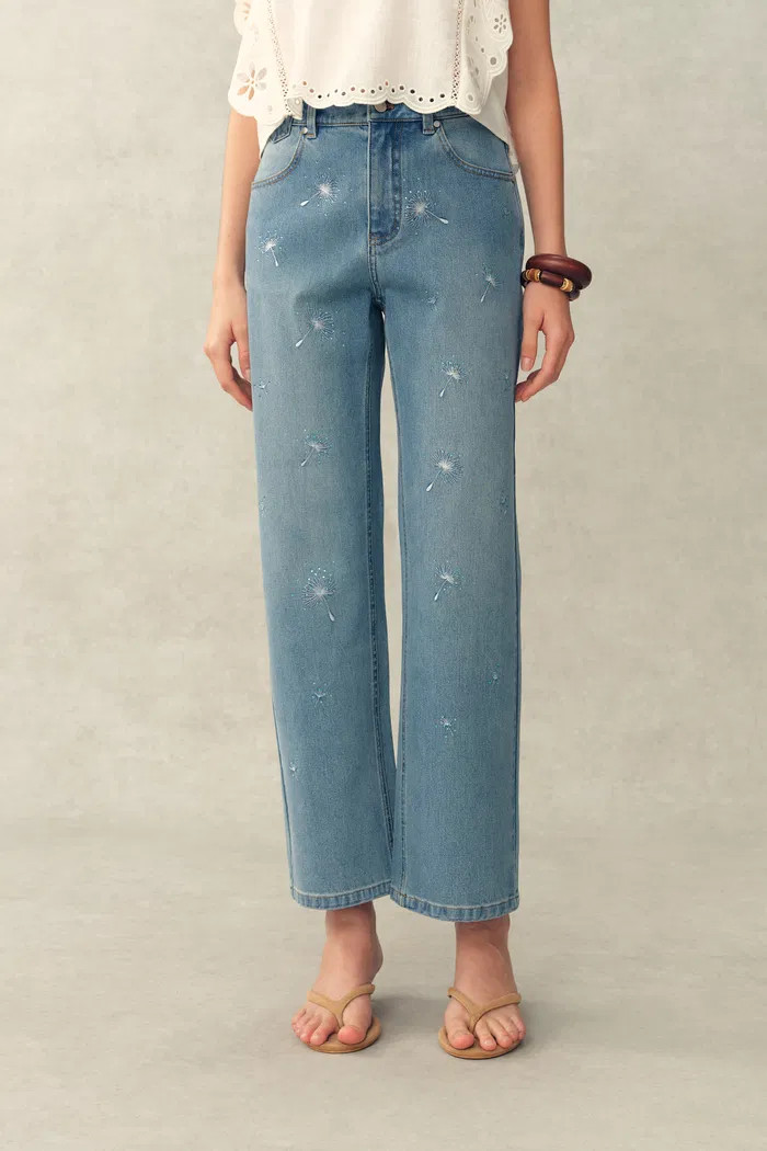 Annette Embroidered Crystal Embellished Dandelion Cropped Straight Leg | Fabrique
