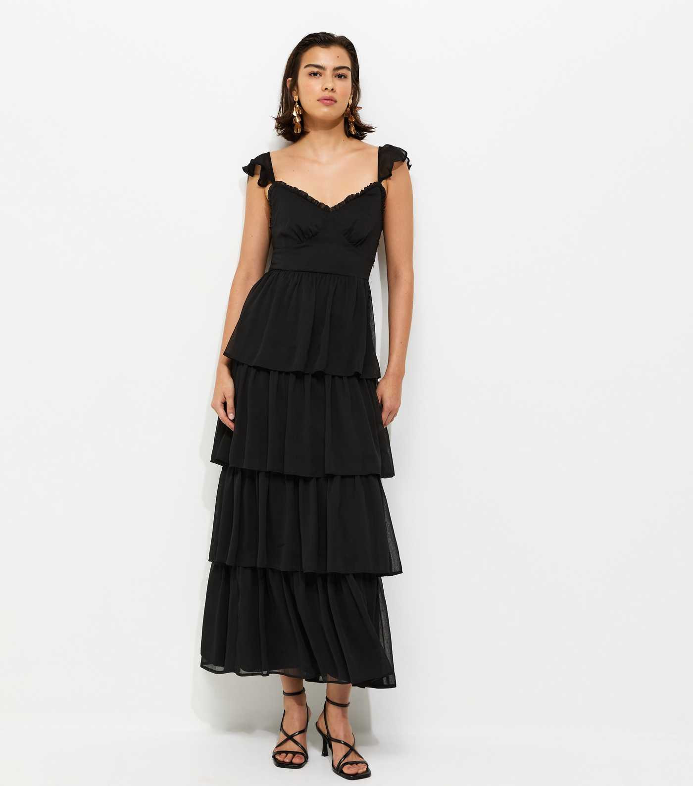 Black Tiered Chiffon Midi Dress | New Look | New Look (UK)