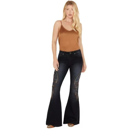 Shyanne Women s Dark Wash Mid Rise Embroidered Flare Jeans - SWSP23J77 34W x 34L | Walmart (US)