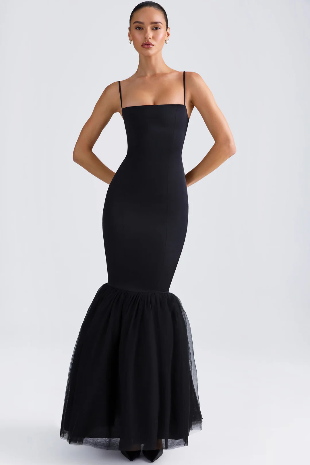 Tulle Hem Fishtail Gown in Black | Oh Polly