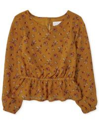 Girls Long Sleeve Floral Print Woven Peasant Top | The Children's Place | The Children's Place