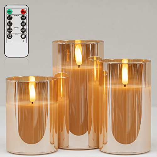 ANGELLOONG Gold Candles for Bathroom Decor, Glass Flameless Candles with Remote, Battery Operated LED Pillar Fake Candles with Timer for Christmas Home Fireplace Mantle Fall Decor | Amazon (US)