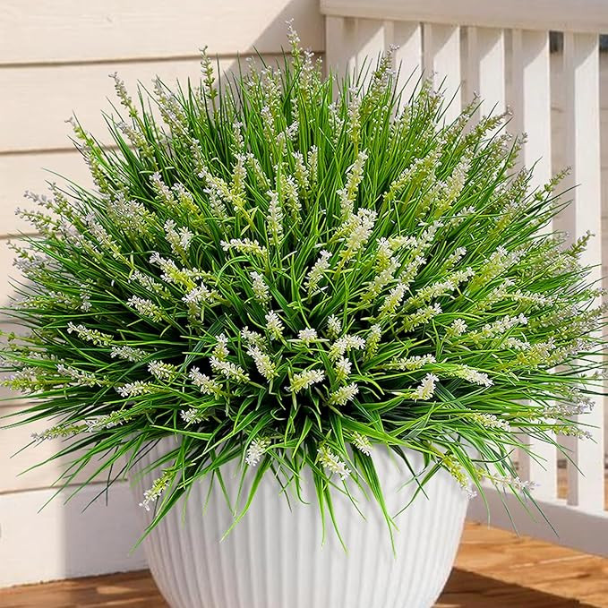 Outdoor Artificial Flowers 12 Bundles Plastic Plants Faux White Flower Fake Monkey Grass for Plan... | Amazon (US)