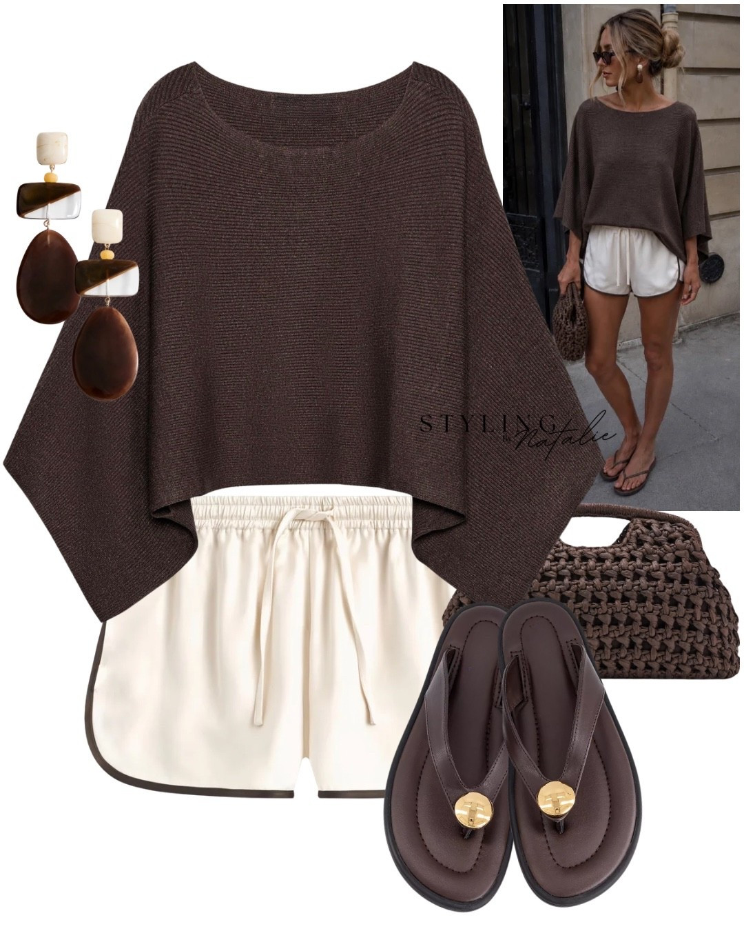 Brown light knit cape, satin drawstring sprinter shorts with brown thong sandals, resin earrings and natural fibre clutch bag. 
Summer outfit, Zara style, runner shorts, casual chic @Zara

#LTKuk #LTKsummer #LTKdatenight